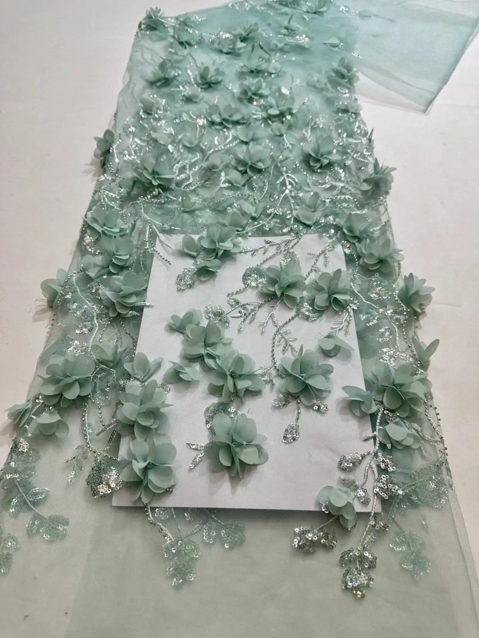 High Quality Green Flower Lace Fabrics 3D Embroidered Beads Fabric for Party Bridal Lace Sewing Materials White Tulle Fabric