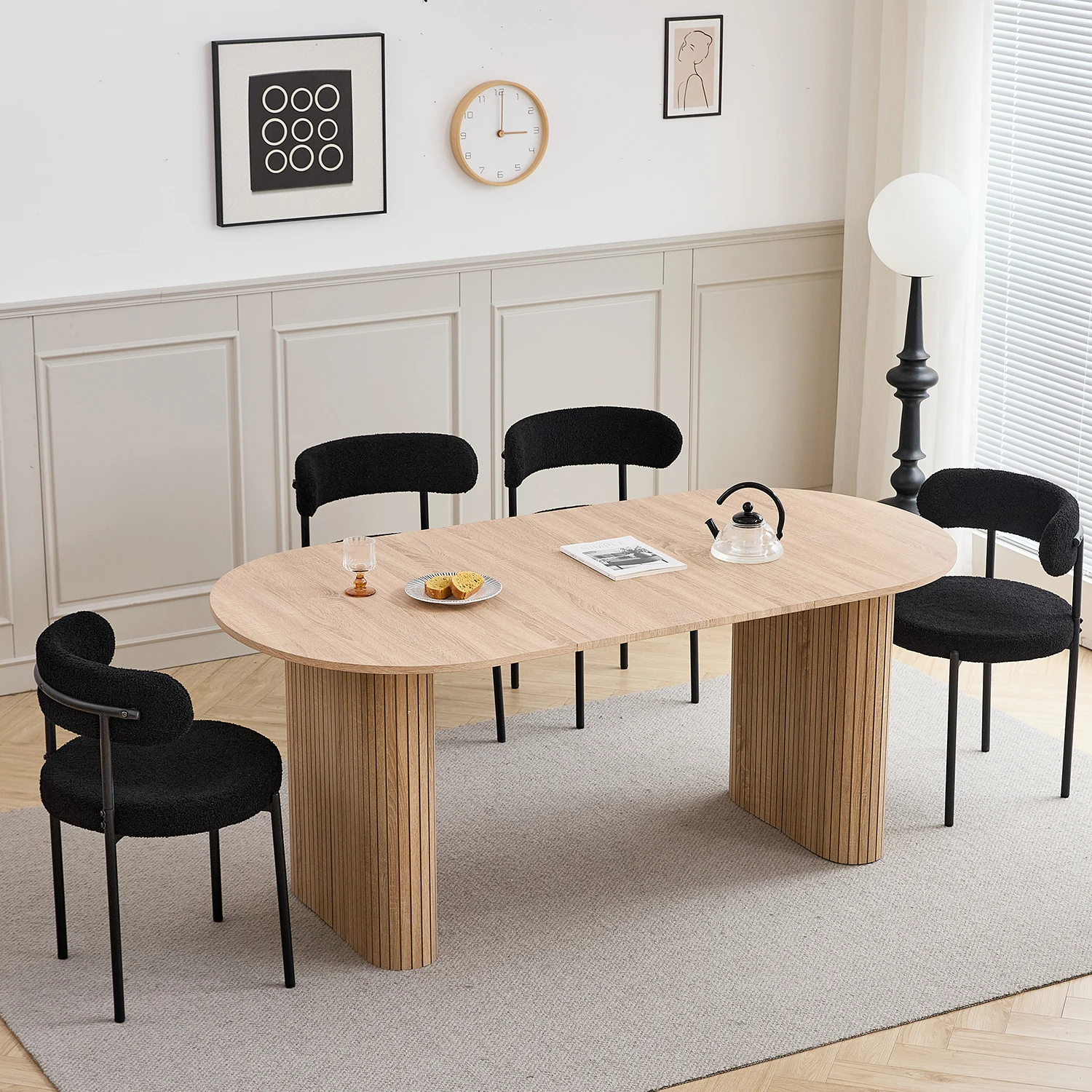 EGOONM Moderner Esstisch Ovaler Gerillter Säulenfuß Küchentisch 6-8 Sitzer Holz-Esstisch für Esszimmer – Detail 7