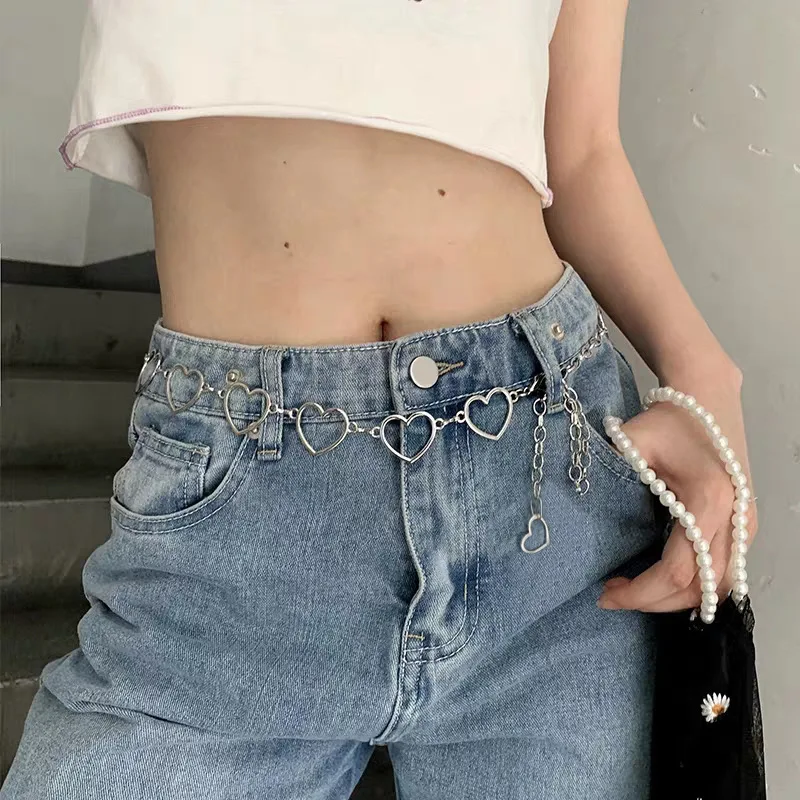 Women's Fashion Heart Chain Belt, Silver/High-Waisted Cinch Belt, Length 110cm, Designer Model with Tassel Trim Chain
