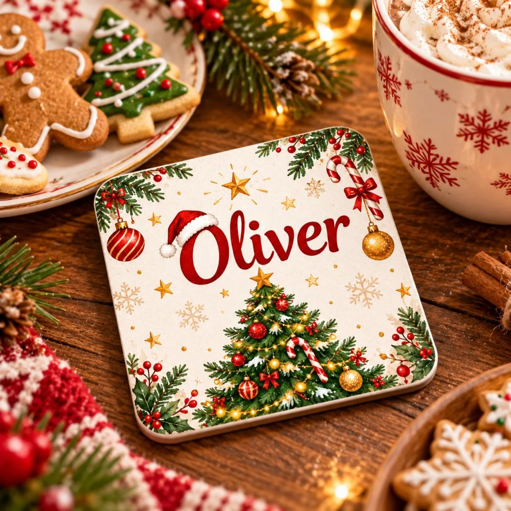 1pc Custom Name Christmas Tree Paper Coaster Personalized Absorbent Cardstock Drink Mat Coffee Cup Protector Holiday Decor Gift