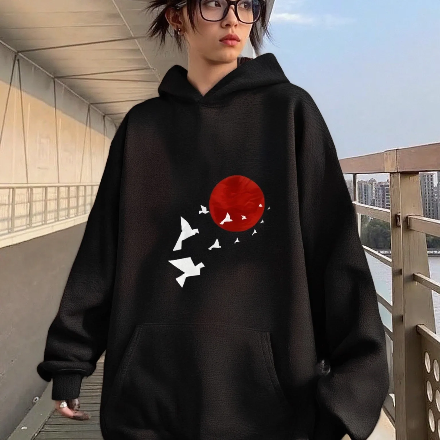 Peaceful Birds Hoodie Red Sun Birds Pattern Casual Loose Long Sleeved Peaceful Charming Fashionable Comfortable Warm Top