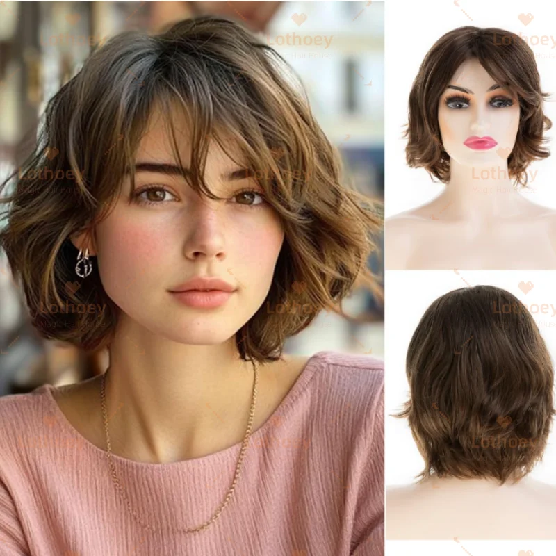 

Short natural song vacation hair lace front wig real hair wig short wave brown natural wig European use for daily life, party
