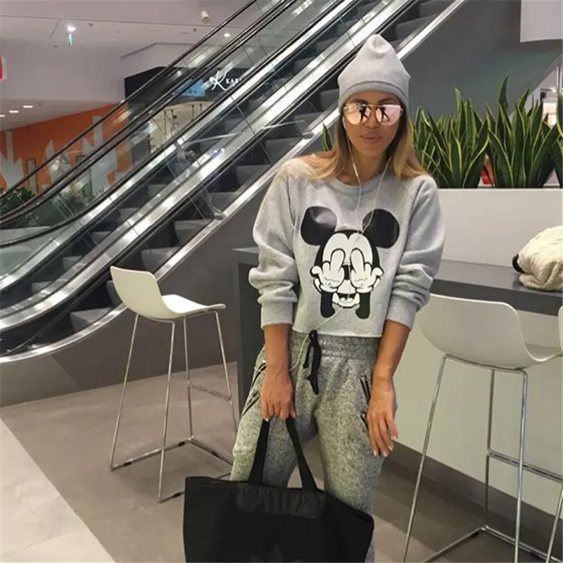 Disney Cartoon Mickey Mouse Print Sweatshirt Autumn Women Pullover Sexy Crop Tops