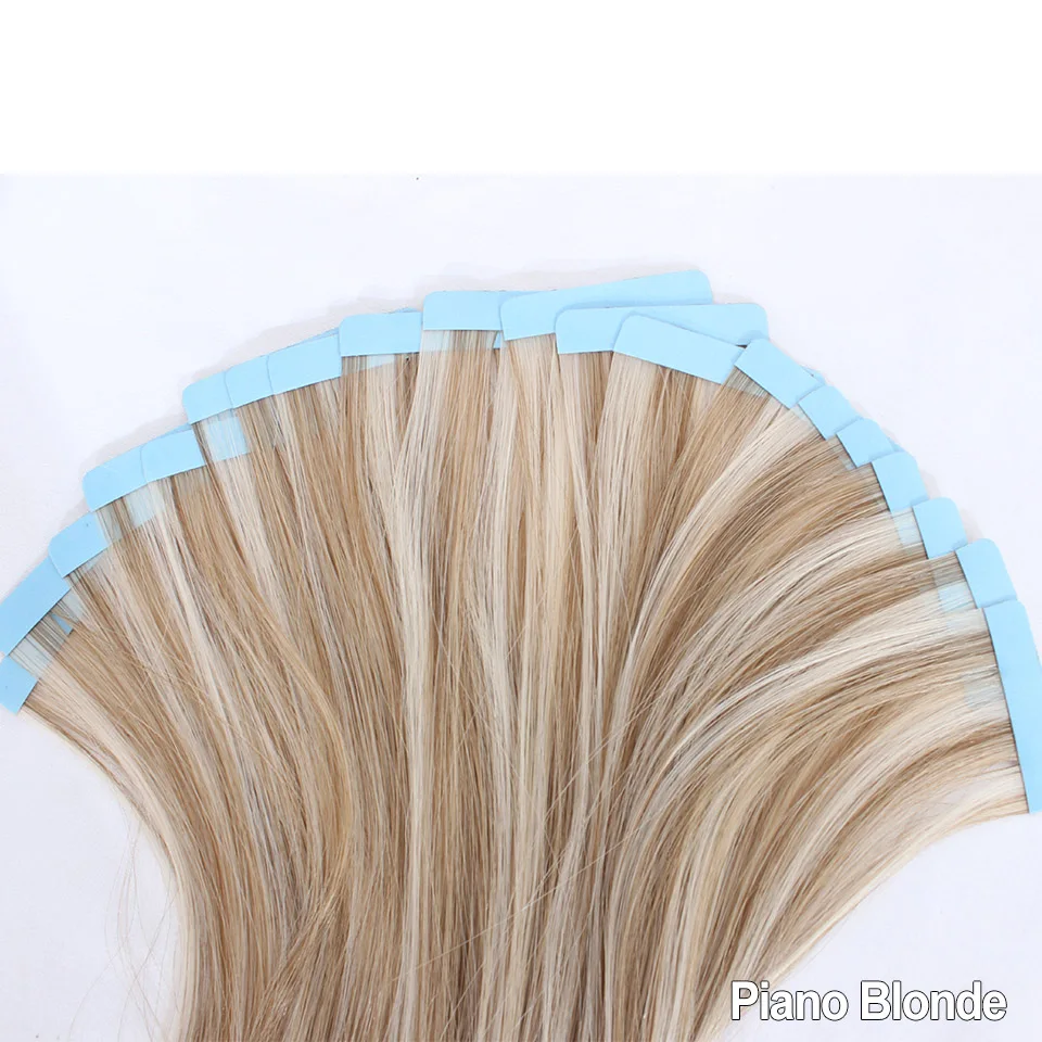 Blonde Tape-In-Bio-Kunsthaarverlängerungen, 20 Stück, 61 cm, 25 Gramm, hitzebeständige Fasern, gerade, nahtlos, PU-Hautschussband-Ins