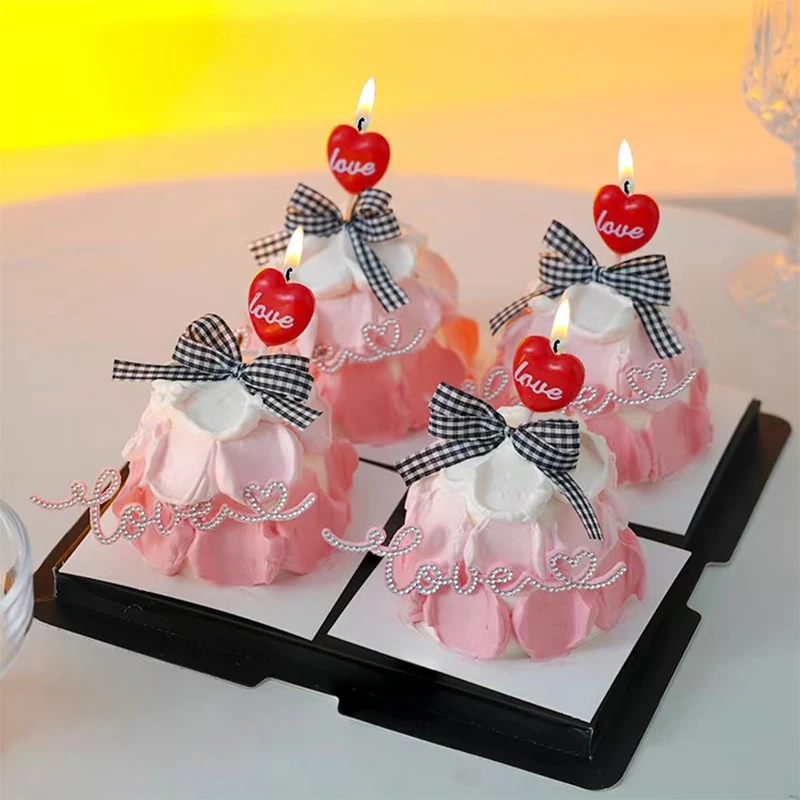 Hot Sale Love Heart Shaped Red Cake Decorated Candles Happy Birthday Pink Princess Birthday Party Baked Candles