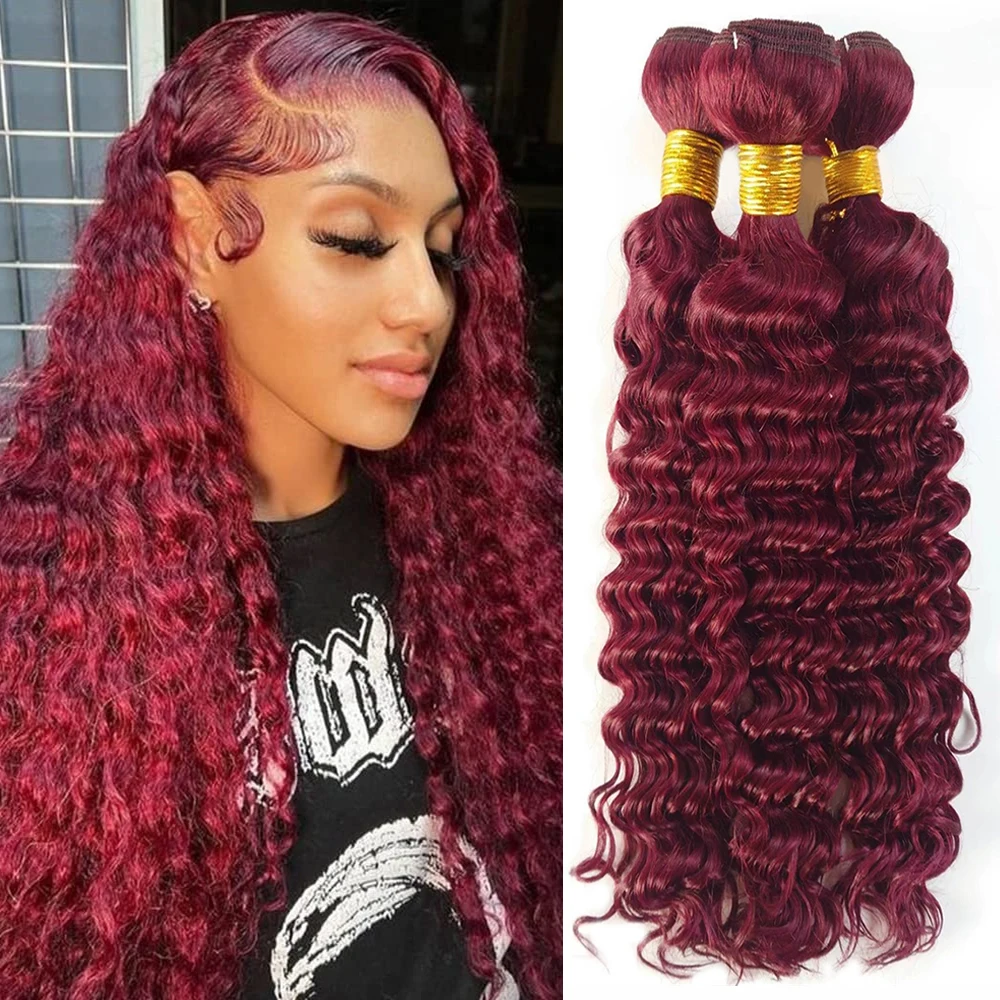 1/3/4 bundels diepe golf bordeaux # 99J Gekleurd Menselijk Haar Weave Krullend Rood Braziliaans Haar Extensions Bundel Voor Vrouwen Dubbele Inslag