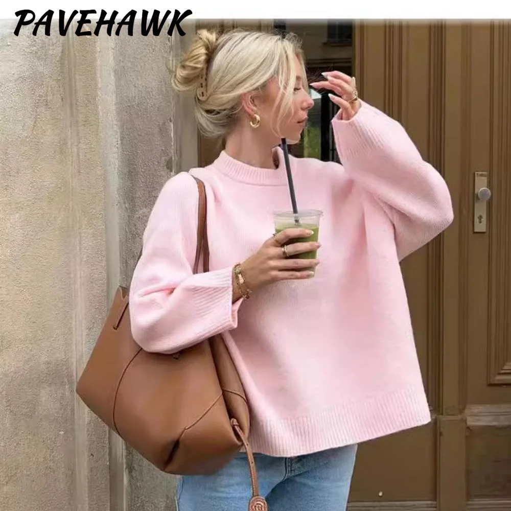 Damskie swetry z długim rękawem i okrągłym dekoltem Jesienna odzież uliczna Dzianina Podstawowy sweter Dzianina Luźny elegancki sweter Damskie topy