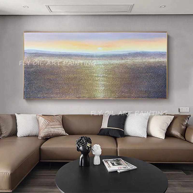 

Hand-painted large size ocean seascape picture modern thick with sunset modern heavy Oil Paintings Corridor Picture For Home