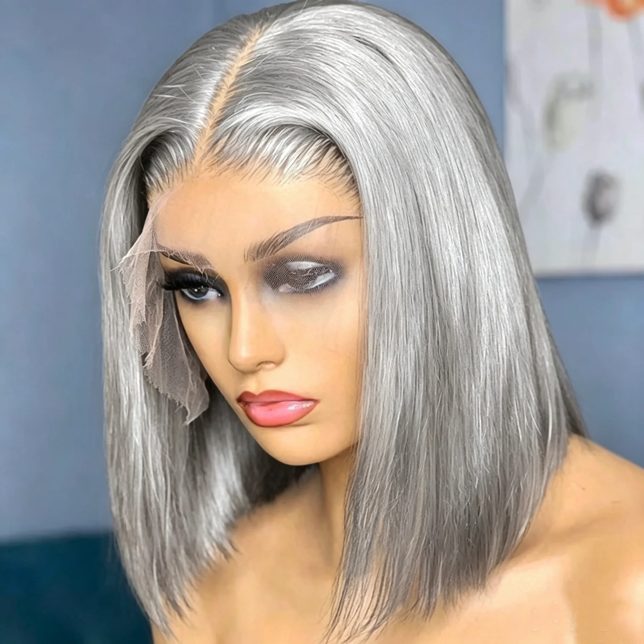 Glueless Wear And Go Human Hair Wig - Gümüş Gri Bob Kesim, Düz, İnsan