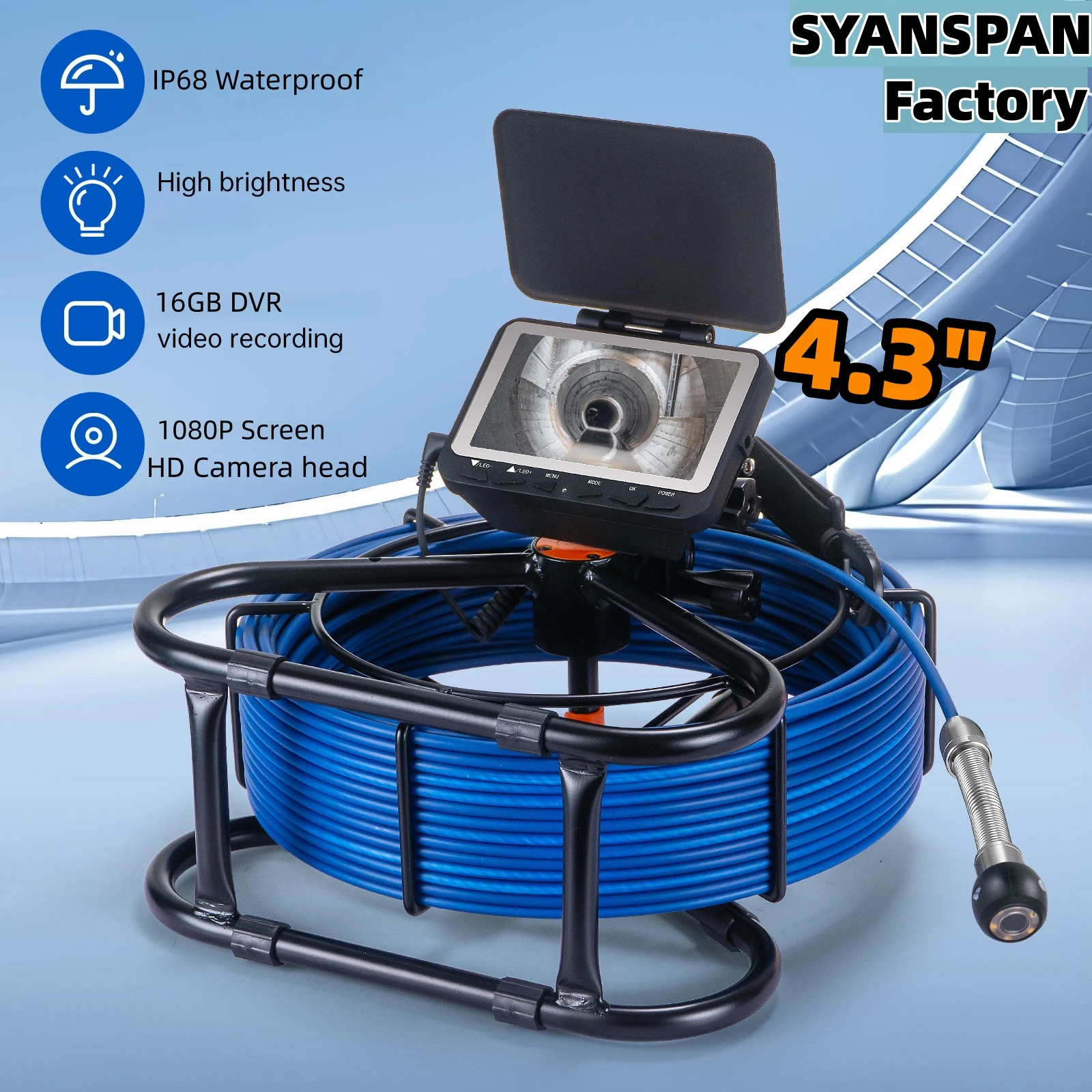 SYANSPAN Sewer Pipe Inspection Camera DVR 16GB Video Recording, Broecope Drain Camera IP68 Waterproof 8500MHA Battery 20/30/50M