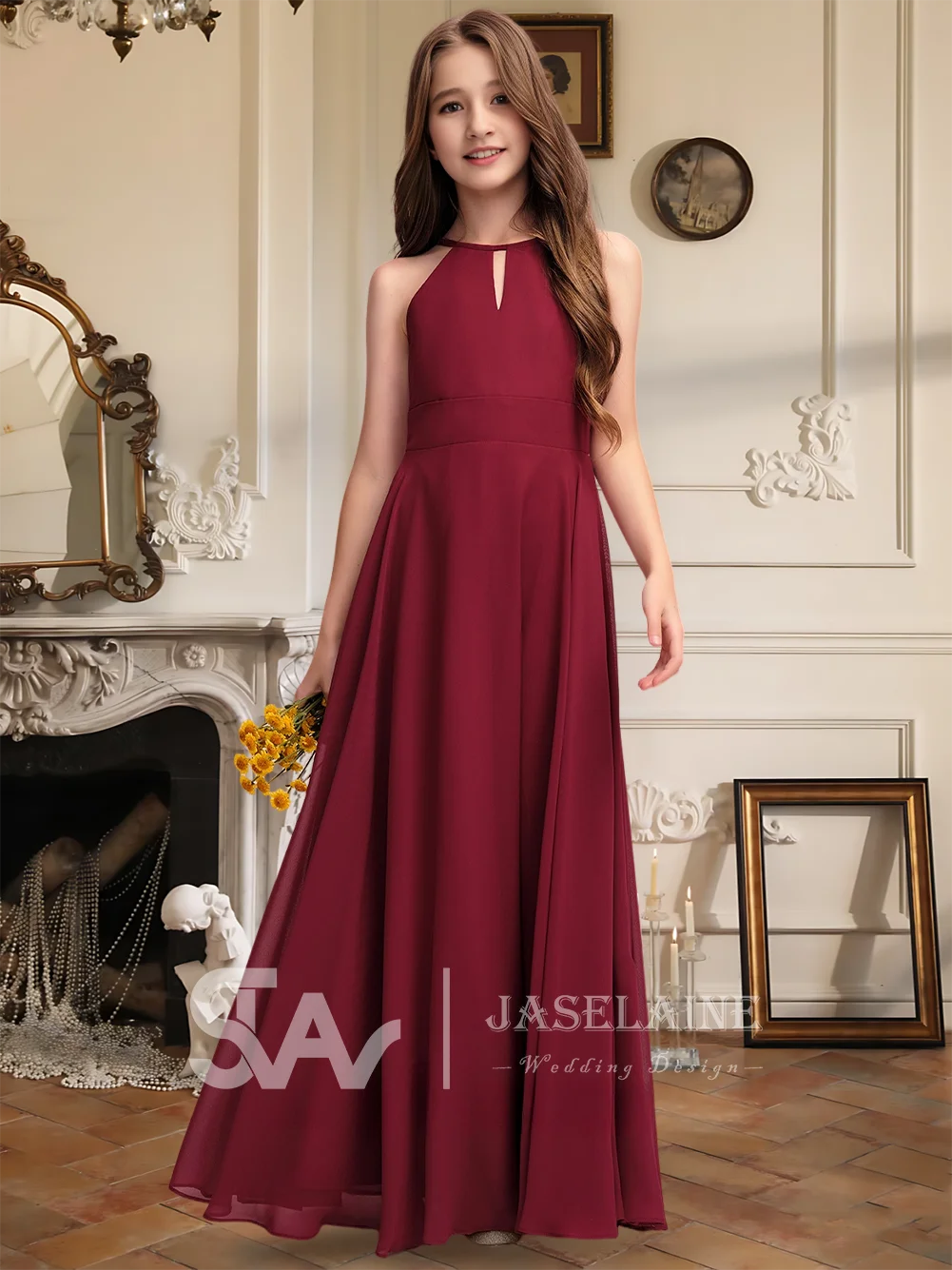 Um até o chão a linha halter chiffon júnior vestido de dama de honra vestido de menina de flor crianças menina ocasião especial festa de casamento formal