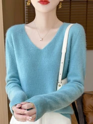 Pullover für Damen, 100 % Merinowolle, V-Ausschnitt, Pullover, Herbst und Winter, grundlegende warme Pullover, langärmelig, weiche Strickpullover, Damenbekleidung