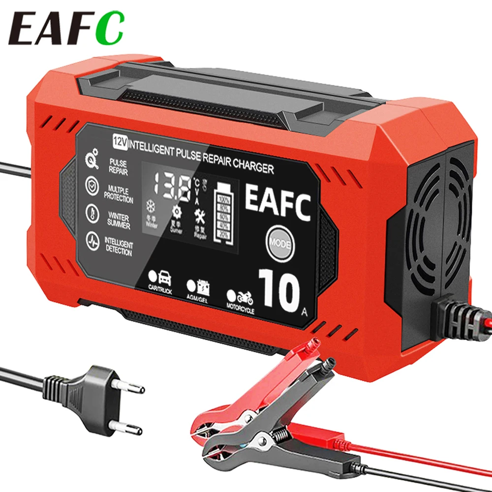 EAFC Autobatterie-Ladegerät, 12 V, 10 A, Impulsreparatur, digitales LCD-Display, intelligentes Schnell-Ladegerät für Auto und Motorrad