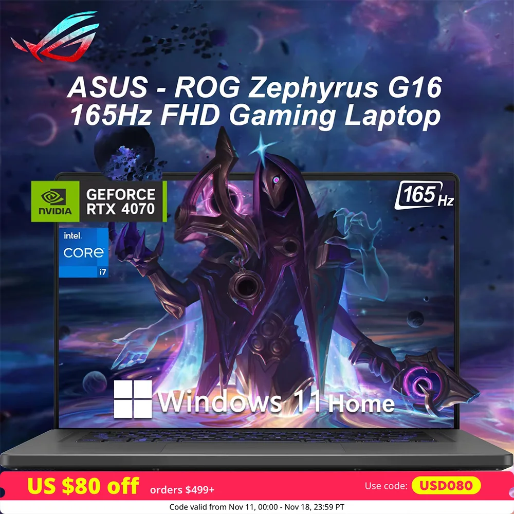 ASUS ROG Zephyrus G16 Gaming Laptop,Intel Core i7-13620H,NVIDIA GeForce RTX 4070,32GB RAM,2TB SSD,Single-zone RGB Backlight