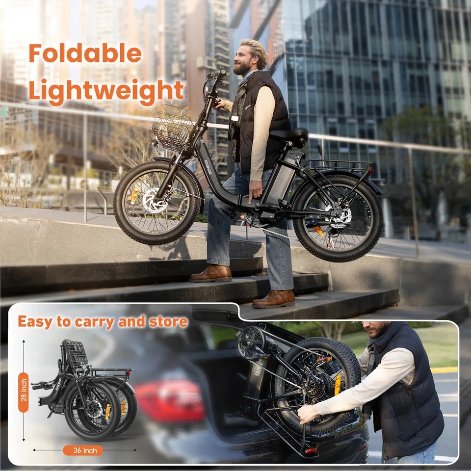 QRONGE Mirage Electric Bike 1000W Peak Folding Electric Bicycle 486Wh 70 Miles Range Ebike 7 Speed 25 MPH Max 20" Step-Thru Bicycle With Front Basket Waterproof Removable Battery image 6
