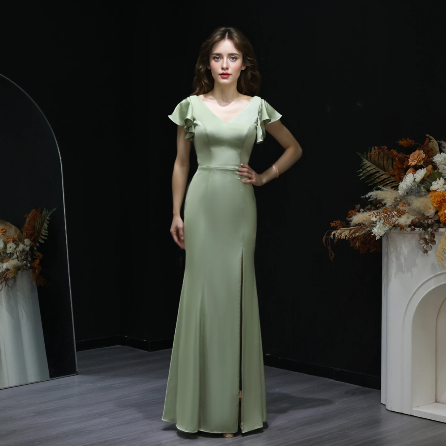 Шарон Саид зеленый атласный v-образный вырез с накидкой и рукавами платье подружки невесты русалки с разрезом по бокам женские свадебные платья для гостей BS002 по индивидуальному заказу