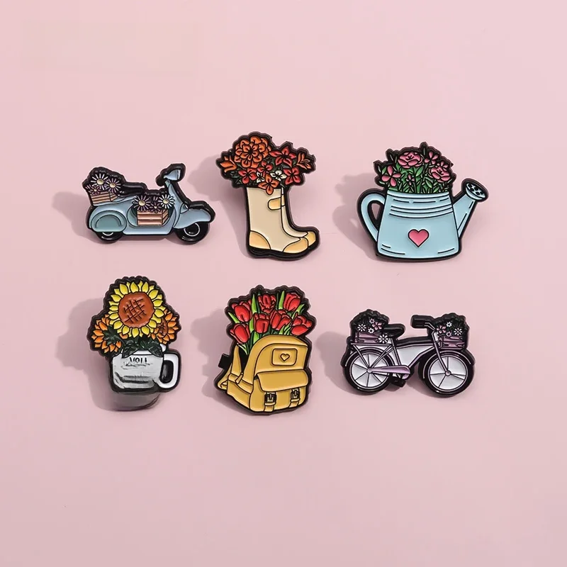 AliExpress Vintage Bicycle Flower Basket Enamel Pin Rose Lily Daisy Boot Sweet Romance Brooch Lapel Backpack