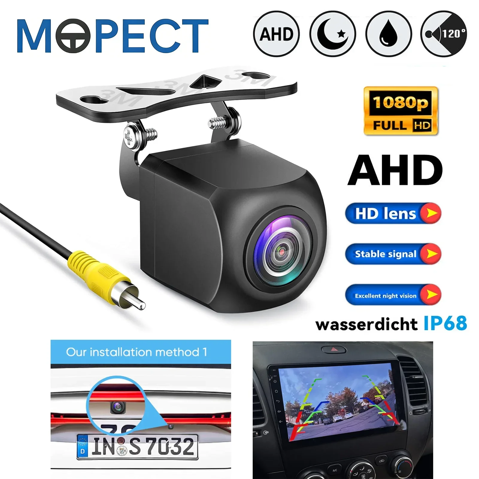 Caméra de recul universelle pour voiture MOPECT, vision nocturne, caméra de recul arrière, étanche IP68, 120° °   Vision large angle 1080P