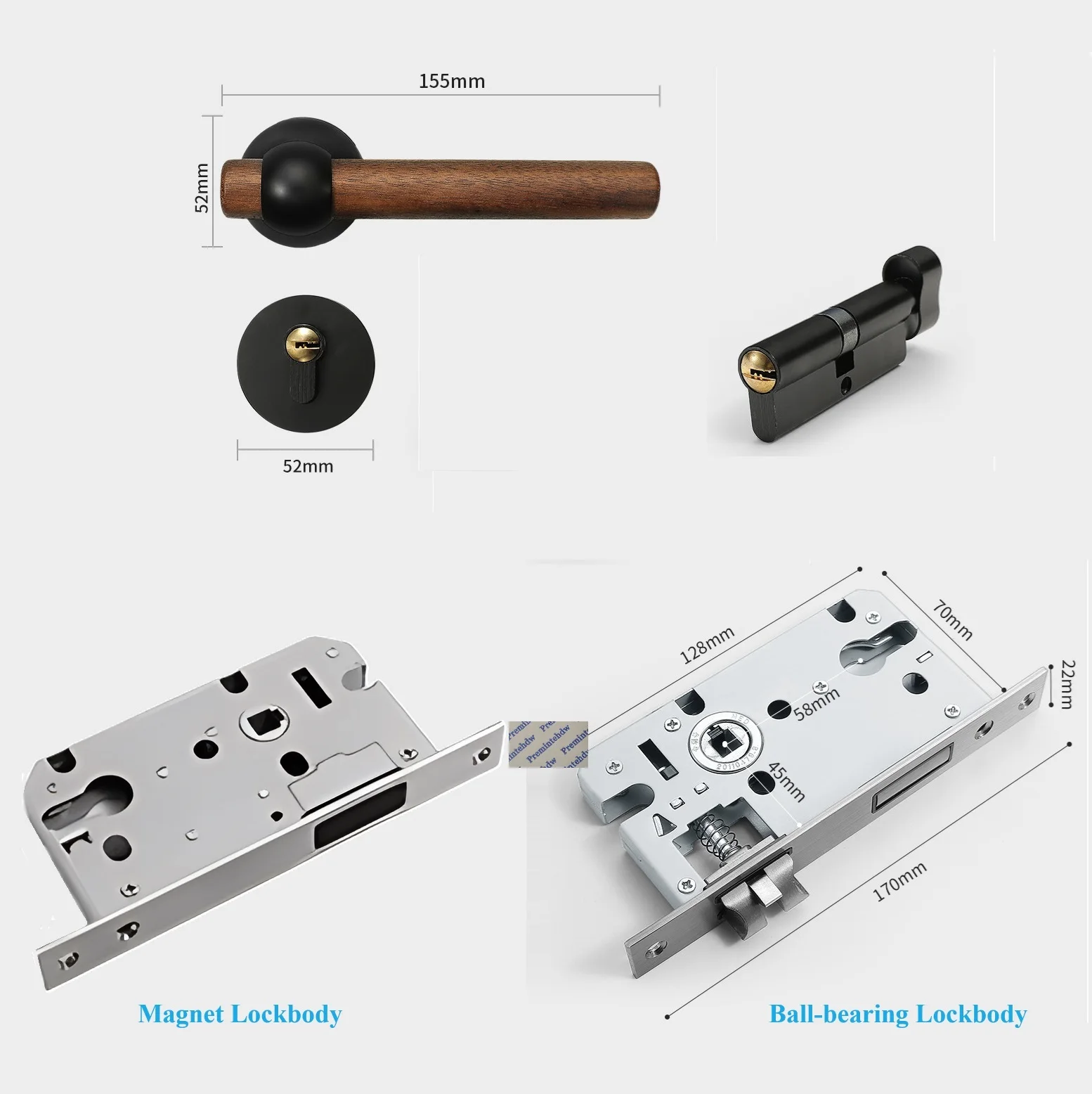 Zinc Rosette Lock With Solid Walnut Rod Handle Magnet Lockbody