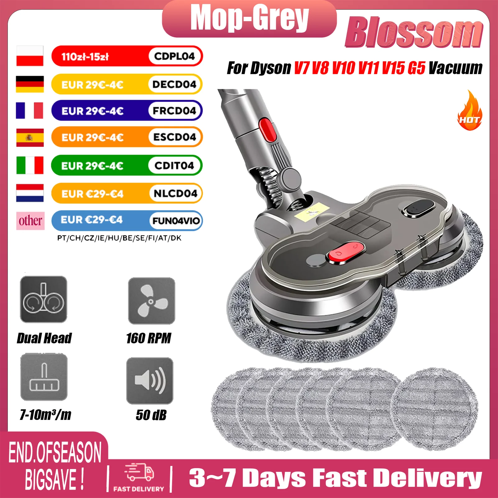 Image of Blossom Mop-Grey Elektrischer Wischkopfaufsatz für Dyson V7 V8 V10 V11 V15 G5 Staubsauger mit Wassertank, 6 Wischtücher, 6 optionale Typen