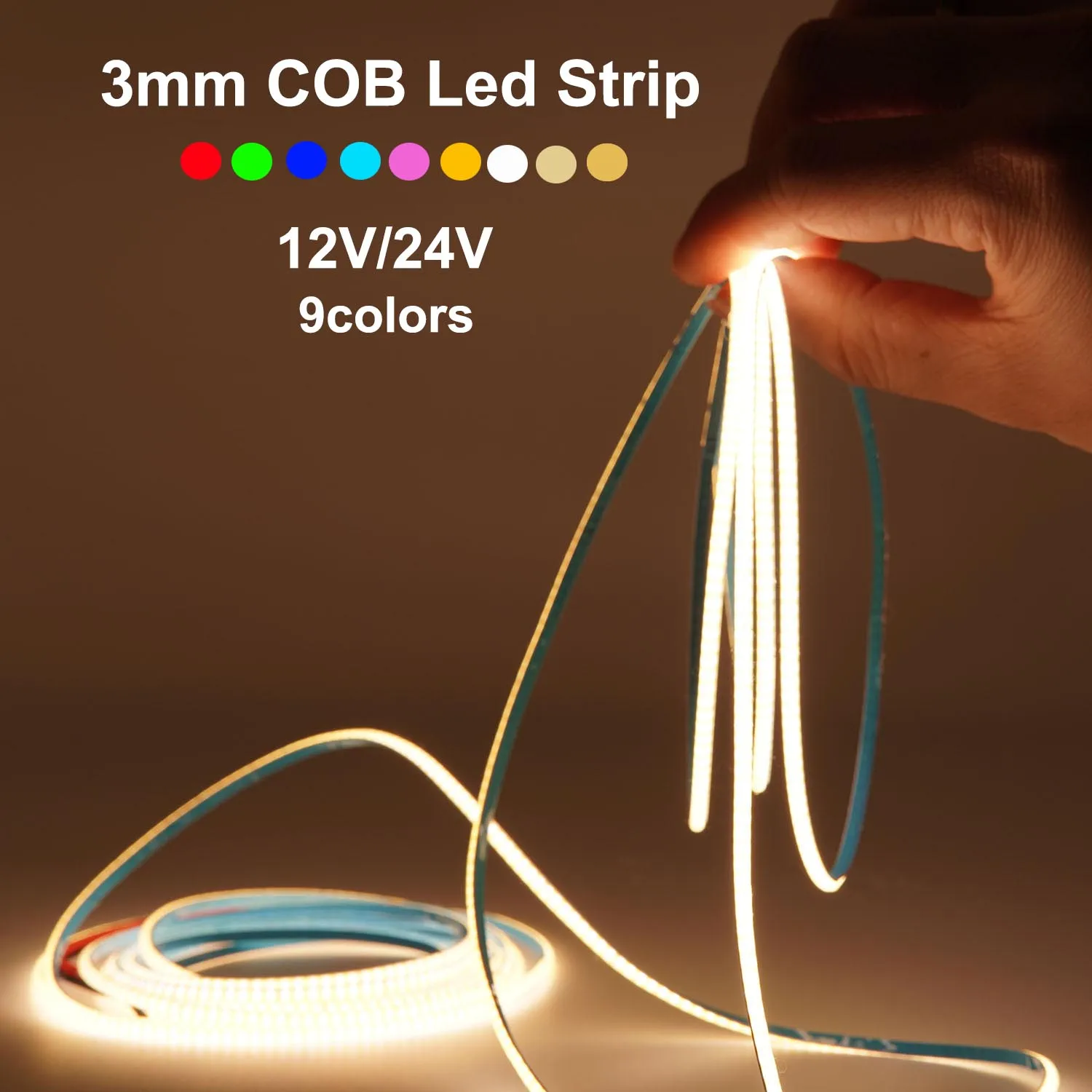 3mm Led COB Light Strip Flexible LED Ribbon Tape DC12V 24V RA 90 Ultra Fine Thin Linear LED Bar Room Decor Lamp Lighting 9colors