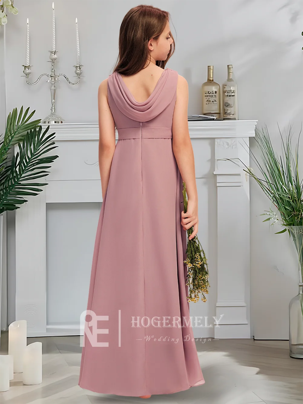 Lussuoso abito da damigella d'onore junior con scollo a V Abito da ragazza di fiori malva crepuscolare lungo fino al pavimento in chiffon con volant a cascata da sposa