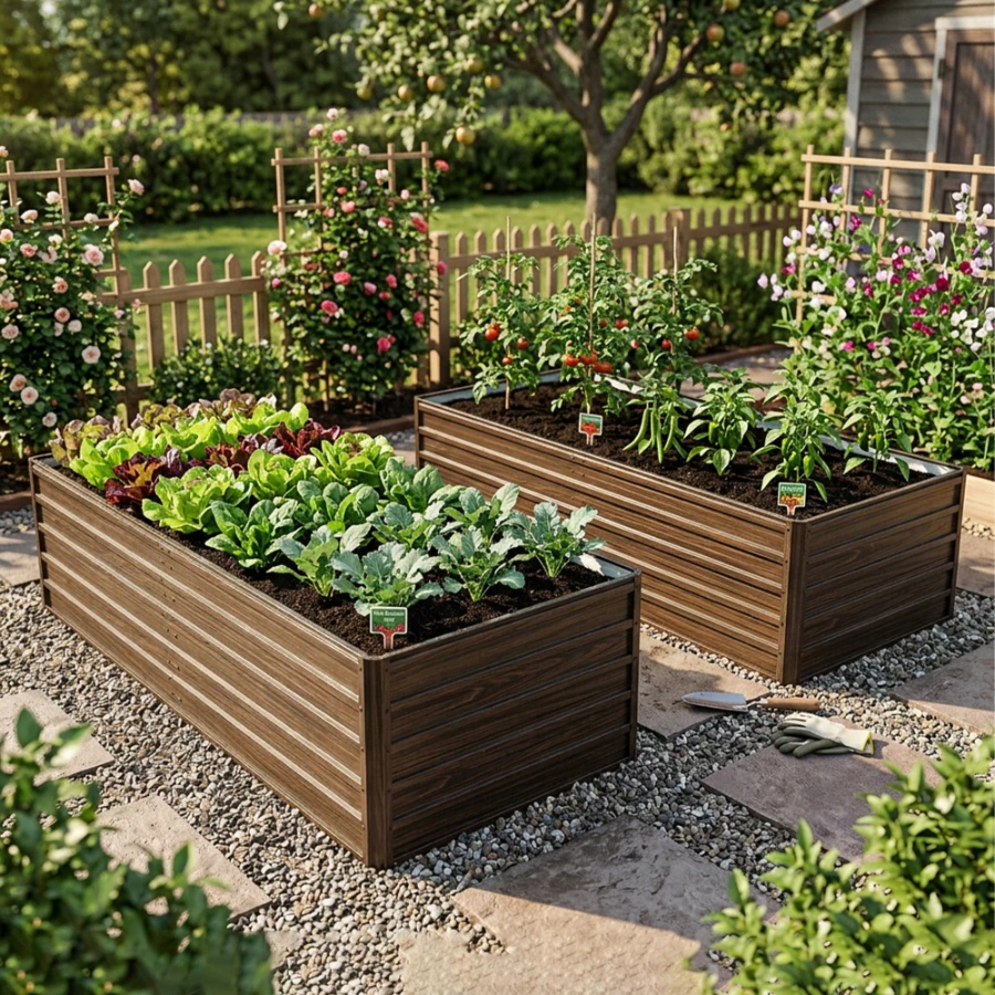 Grand bac à fleurs surélevé en métal, 190 x 90 x 64 cm, avec fond ouvert, kit de jardinière robuste en acier, résistant aux intempéries et à la rouille, idéal pour les légumes, les herbes aromatiques et les fleurs sur une terrasse – aspect bois