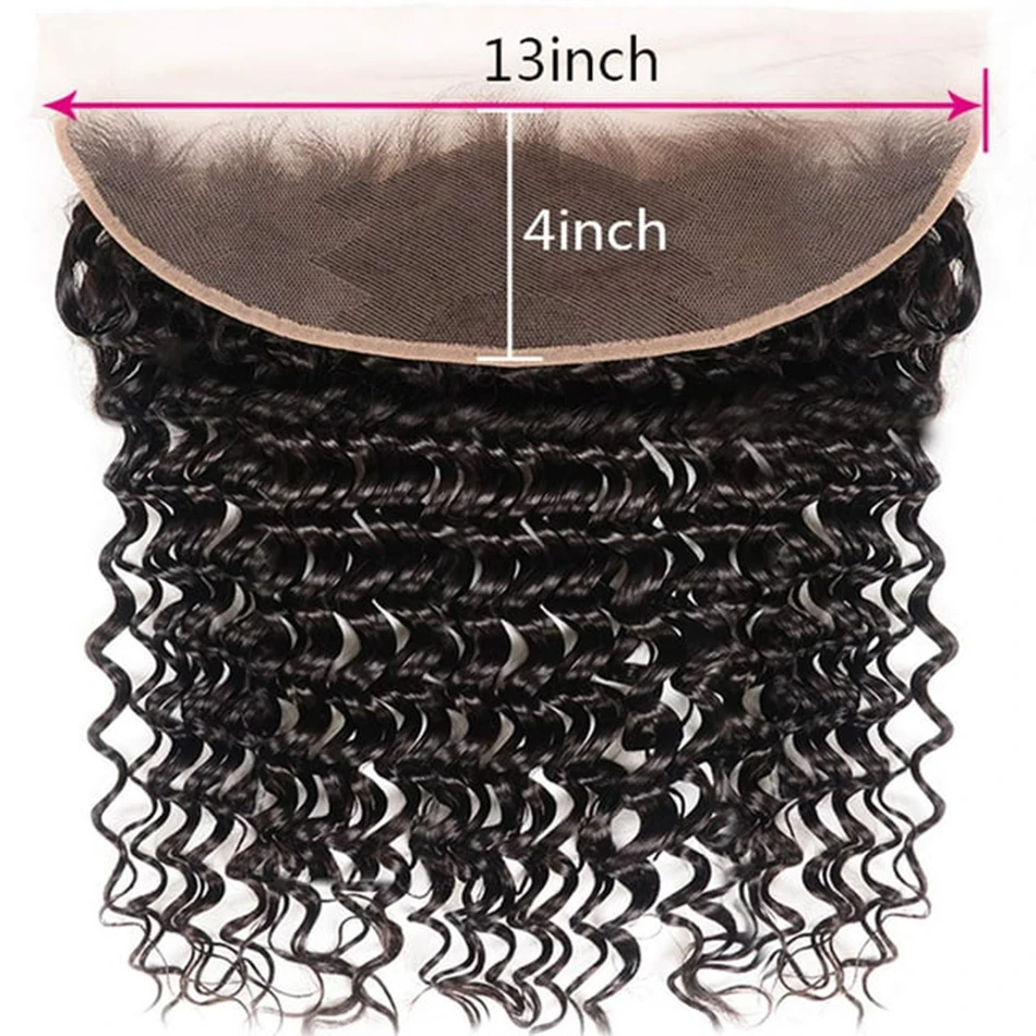 Extensiones de cabello humano virgen brasileño con Frontal, extensiones de cabello humano ondulado profundo, 3 mechones con encaje Frontal transparente 13x4, 1B