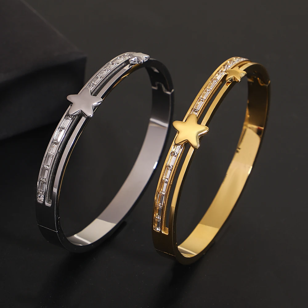 

Trendy Stainless Steel Star Spring Open Bangle Bracelet for Women Glossy Waterproof Stackable Round Bangle Jewelry Accessories