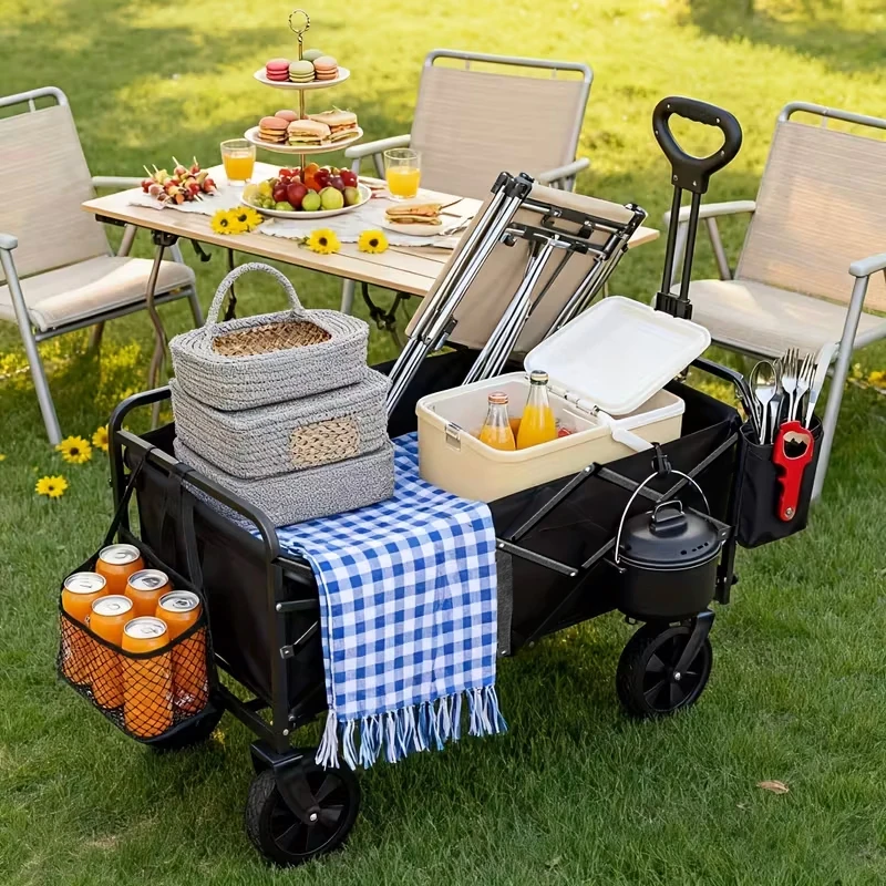

Three Load Capacities: 350/500/680, Large-Capacity Portable Camping Cart with 360° All-Terrain Wheels And Beverage Rack, Multifunctional Garden Cart Camp Cart, Beach Cart Suitable for Camping, Gardening, Shopping, And Outdoor Use, Black