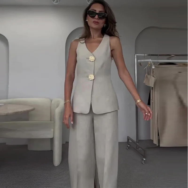 Women Office Lady Two Piece Sets Summer Sleeveless Tank Top High Waist Wide Leg Pants Suit Elegant Slim Fit Solid Splice Outfits