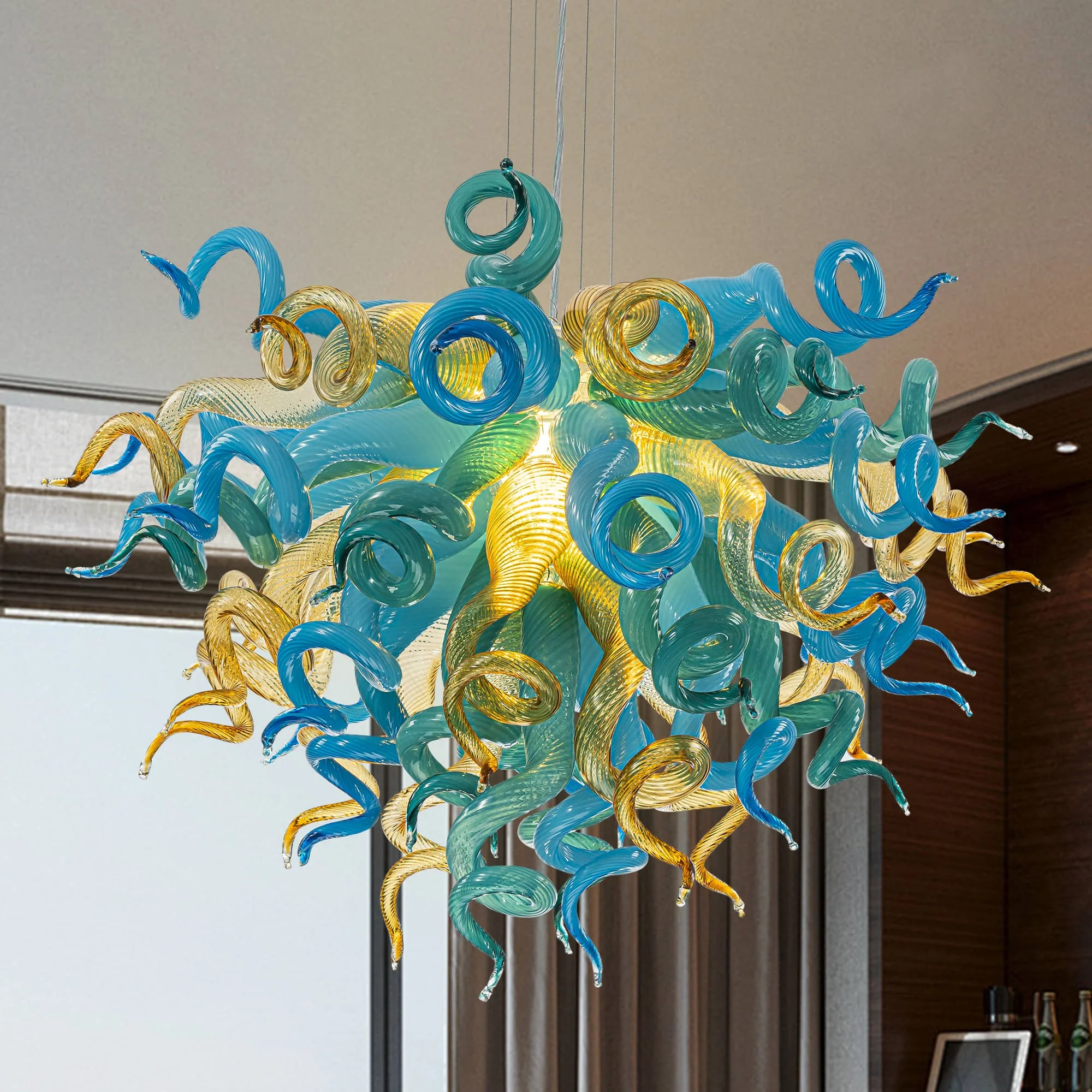 

LONGREE Murano Handmade Blown Glass Chandelier Gold Turquoise And Teal