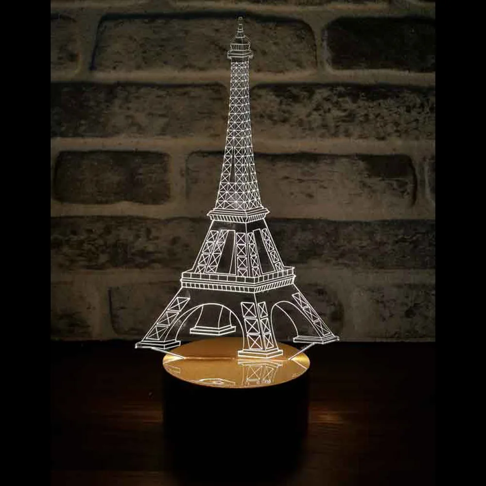 Eiffel Paris 3D Illusion Acrylic Led Table Lamp 12 Volt Adapter Daylight Design Wood Base Gift for Couples