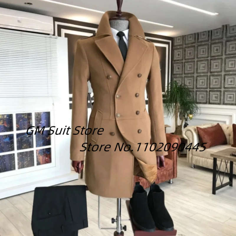 Traje largo de estilo británico para hombre, abrigo ajustado de negocios de doble botonadura con solapa guapo, cálido e informal, Color sólido,