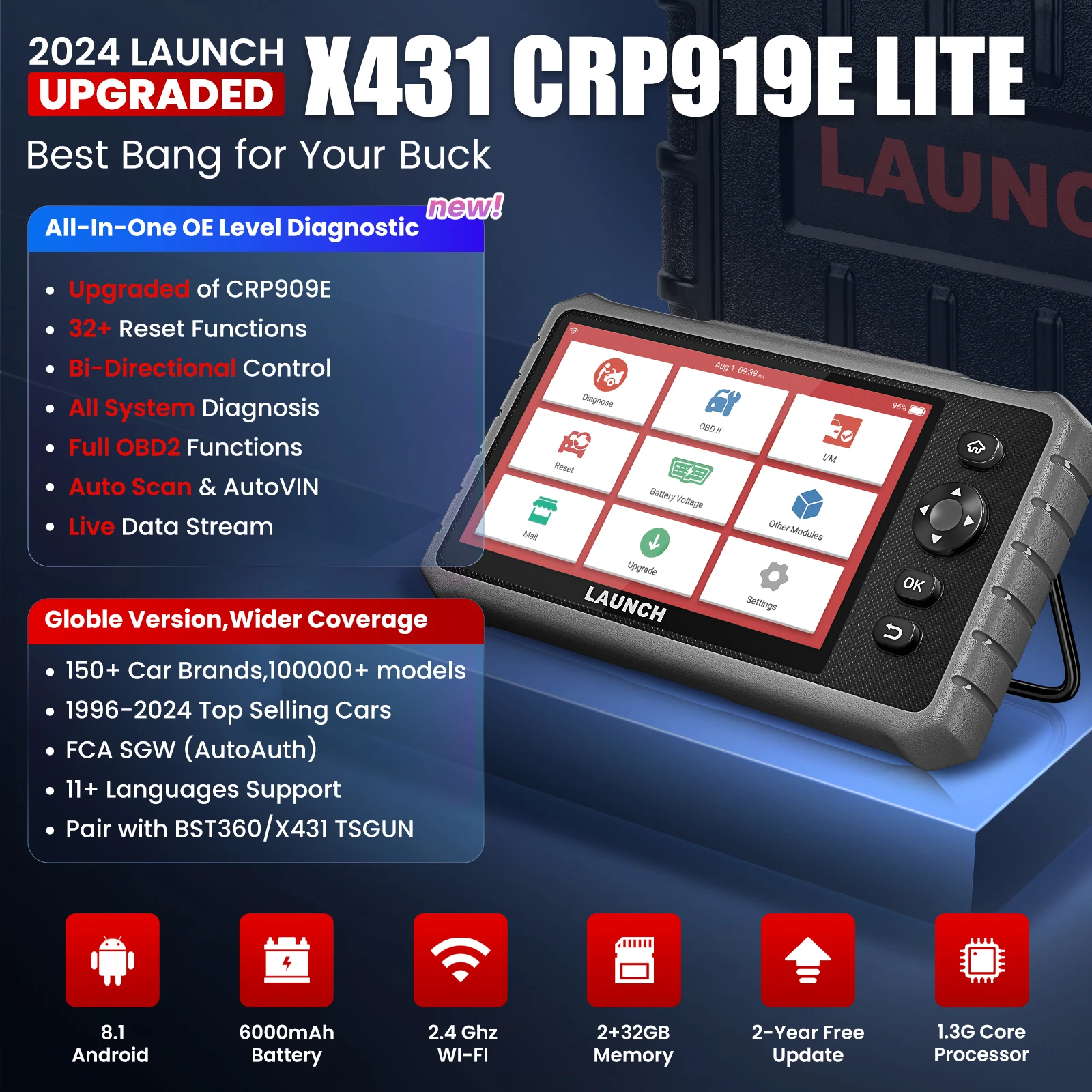 LAUNCH X431 CRP919E Lite Active test Tool with 32+ Service All System Diagnose,FCA AutoAuth,OBD2 Scanner Diagnostic Tool 2 Years