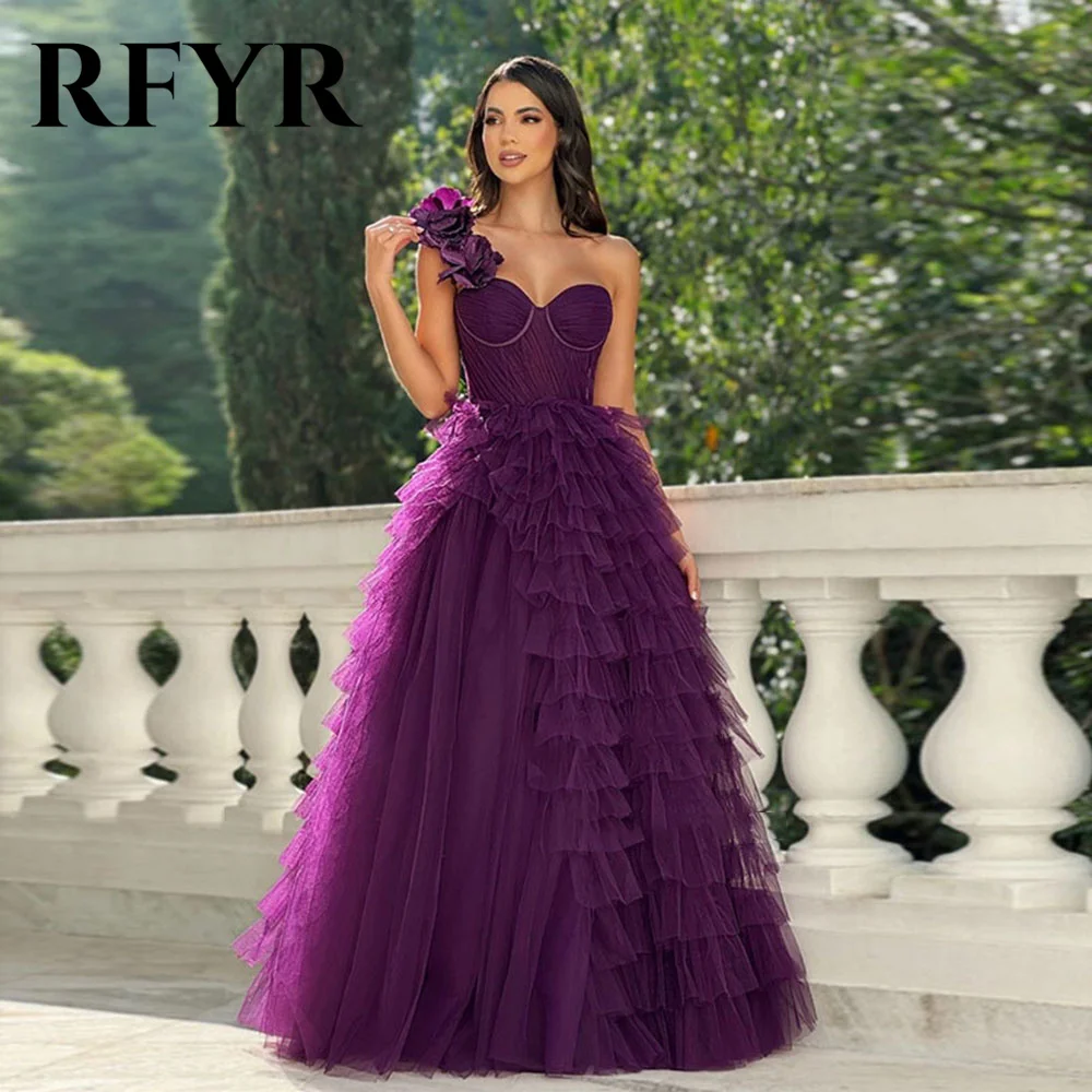 

RFYR Grape Exquisite Tiered A-line Evening Dresses One Shoulder Pleat Flowers Prom Dress Morden Vestidos De Fiesta Customized