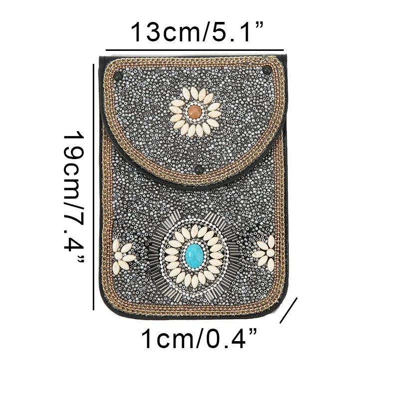 Beaded Crossbody Phone Bag for Women Leather Mobile Pouch Boho Shoulder Wallet Handmade Mini Purse for iPhone view 2