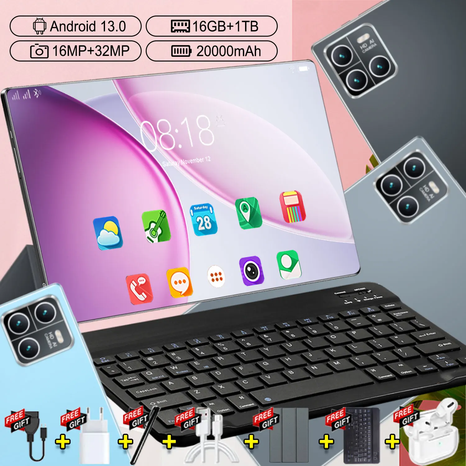 Tablette Android 13.0 14 cœurs avec double carte SIM, écran 10,36 pouces, 20000 mAh, 16 Go + 1 To, Bluetooth, réseau 5G, WIFI