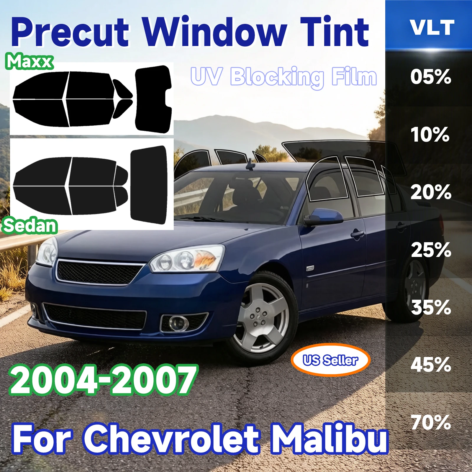 Window Tint Precut for Chevrolet Malibu 2004-2007 Auto Accessories Sun Heat 2Ply Anti-Shatter, Uv Blocking, Privacy Protection