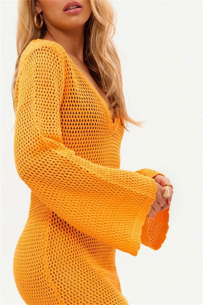 Women's Sexy Long Sleeve Backless Short Knit Dress Beach Hollow Out Crochet Bikini Cover-Up Summer Swimwear Female Swimsuit view 4