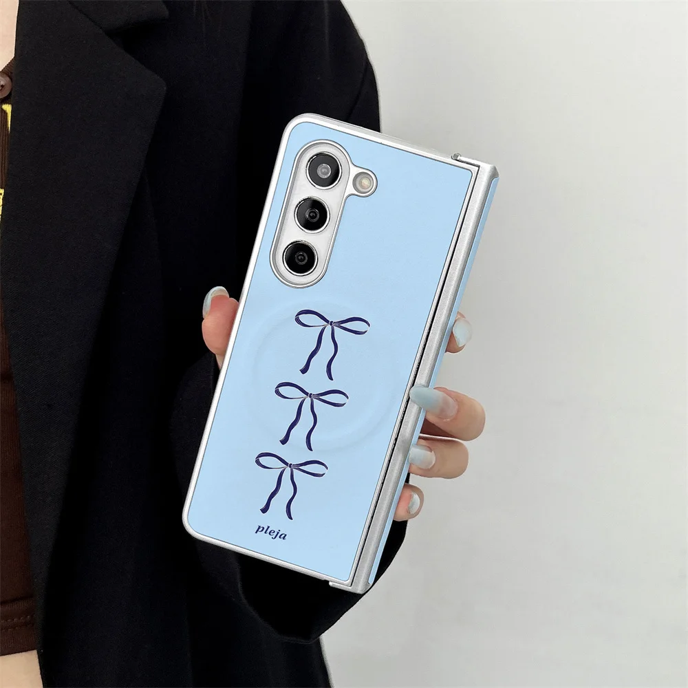 INS new cute blue bow sticker suitable for Samsung Galaxy Z Fold 7/6/5/4 W26 all inclusive with magnetic suction function