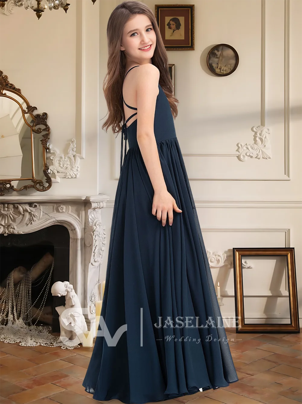 Elegant A Line Square Floor Length Chiffon Junior Bridesmaid Dress With Bow Flower Girl Dress Wedding Party Formal