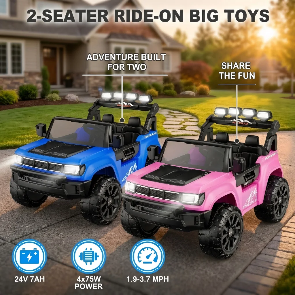 24V Kids Ride on Truck 2-Seater, 4x75W 4-Wheel Drive Adventure Car, All-Terrain Electric Toy with Wireless Music & Horn