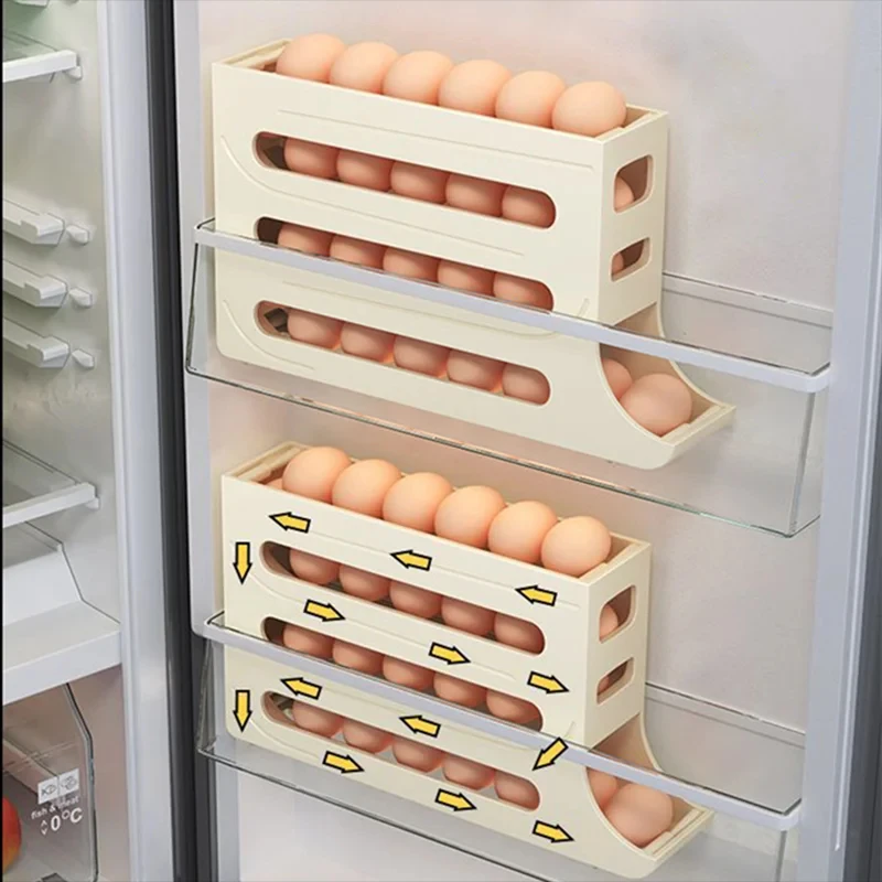 Soporte de estante para huevos con desplazamiento automático, caja de almacenamiento, cesta para huevos, contenedores de alimentos, estuche para