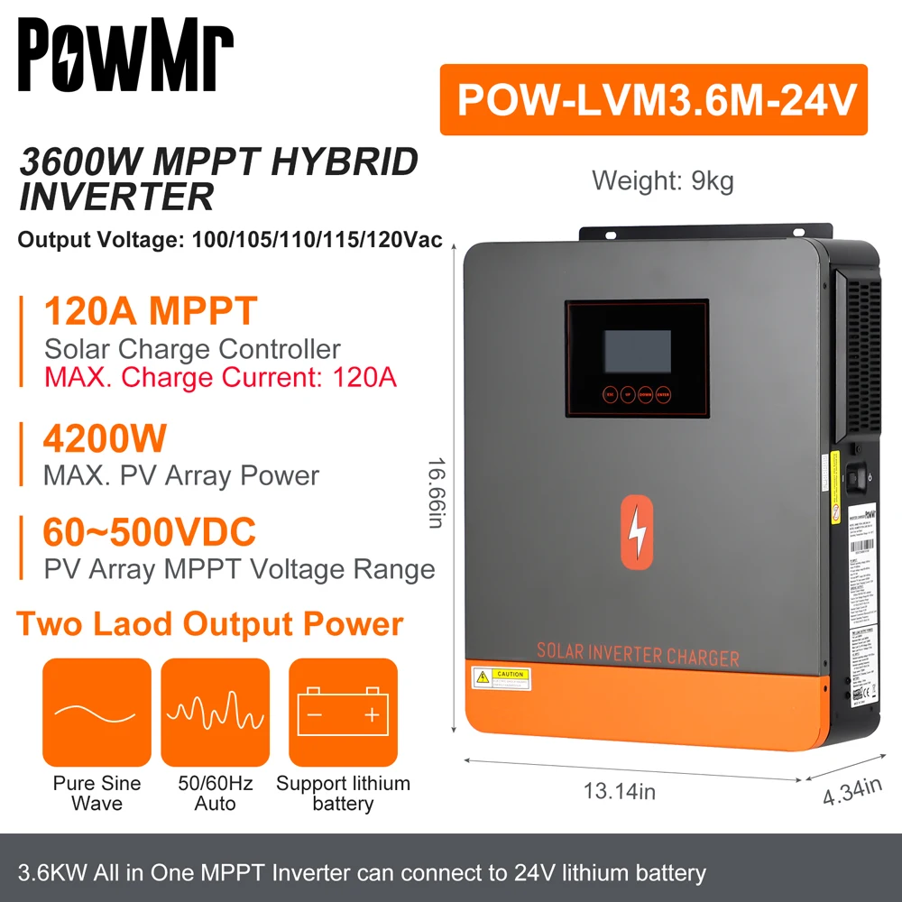 POWMR 3,6KW Inversor solar híbrido 24V a 110V 120V com onda senoidal pura 120A MPPT SOLAR CHARGE CONTROLER PARA 60 ~ 500V PAINEL