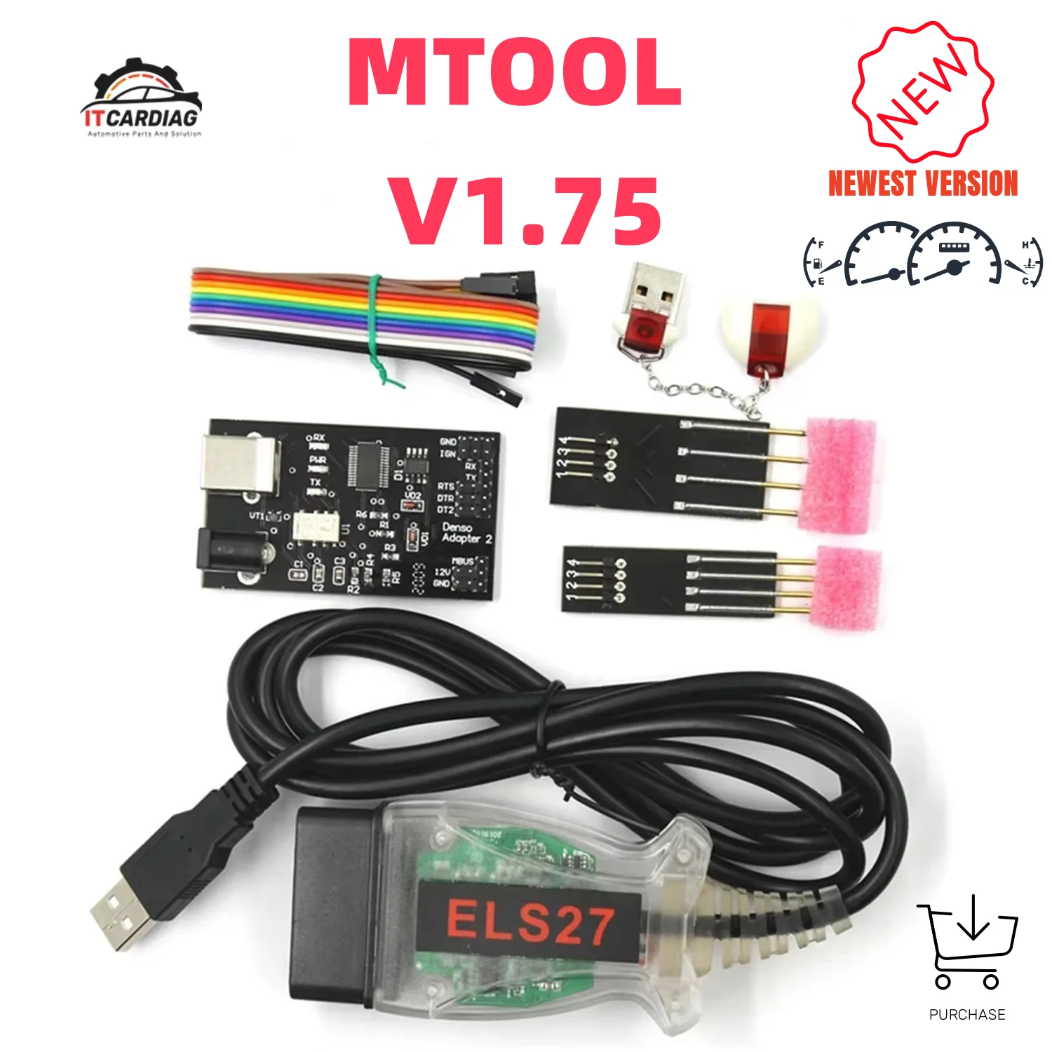 MTool V1.75 Odo-m-eter Correction Adjustment Software Dongle + Denso Adapter + Denso Pin Wires Cable Mileage Adjustment Tool