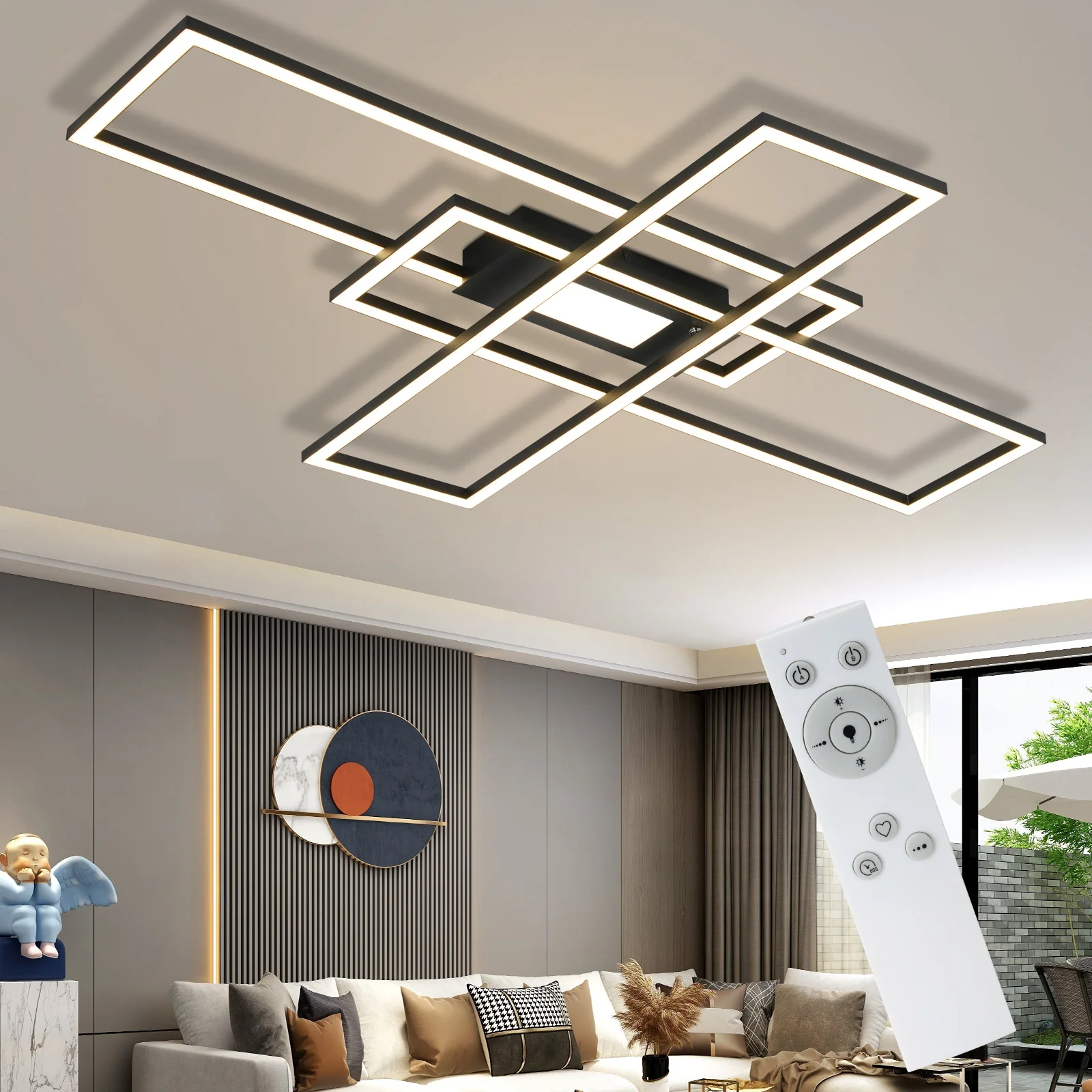 NETTLIFE Moderne LED Deckenleuchte 50W Drei Rechteckige Rahmen Dimmbar 3000K-6500K Fernbedienung Memory Funktion Wandschalter 10s Memory CRI 80+ Augenfreundlich Aluminium fuer Wohnzimmer