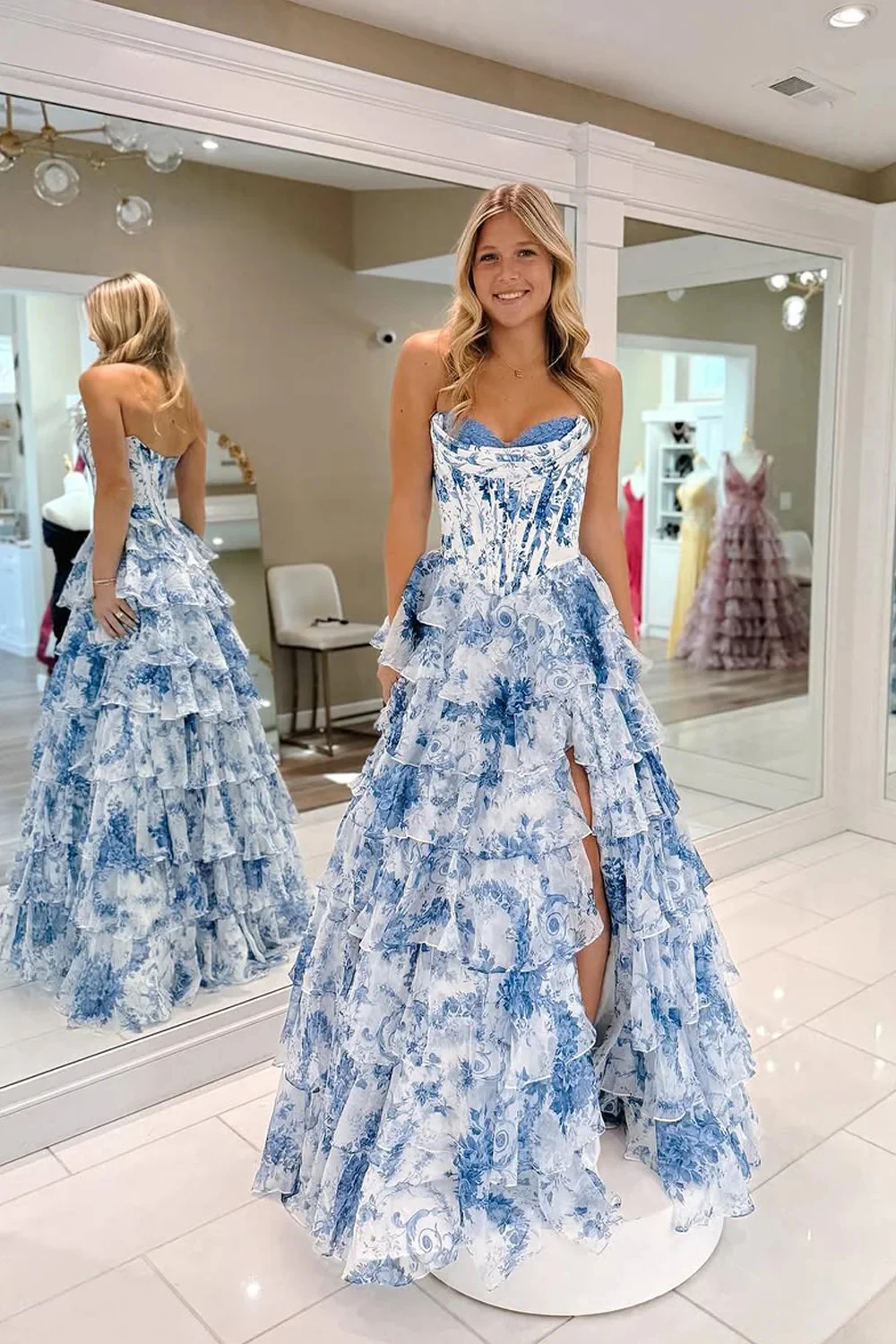 Sansa Maßgeschneidertes mehrschichtiges Abendkleid mit Falten und Blumendruck, A-Linie, seitlicher Schlitz, Vestidos De Noche, bodenlang, formeller Abend 2025