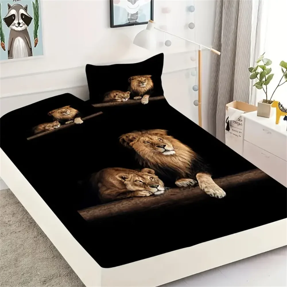 Luxurious Lion-Themed Fitted Sheet Set 2/3pcs - Ultra-Soft, Animals Fabric with Deep Pocket - Ideal for Bedroom and Dorm Room