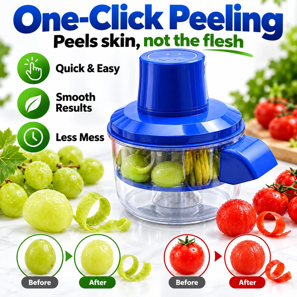 Portable Fruit & Vegetable Peeler Machine, One-Click Automatic Peeling Tool, Food-Grade Easy-Clean Kitchen Gadget for Grapes, Cherry Tomatoes & Small Produce